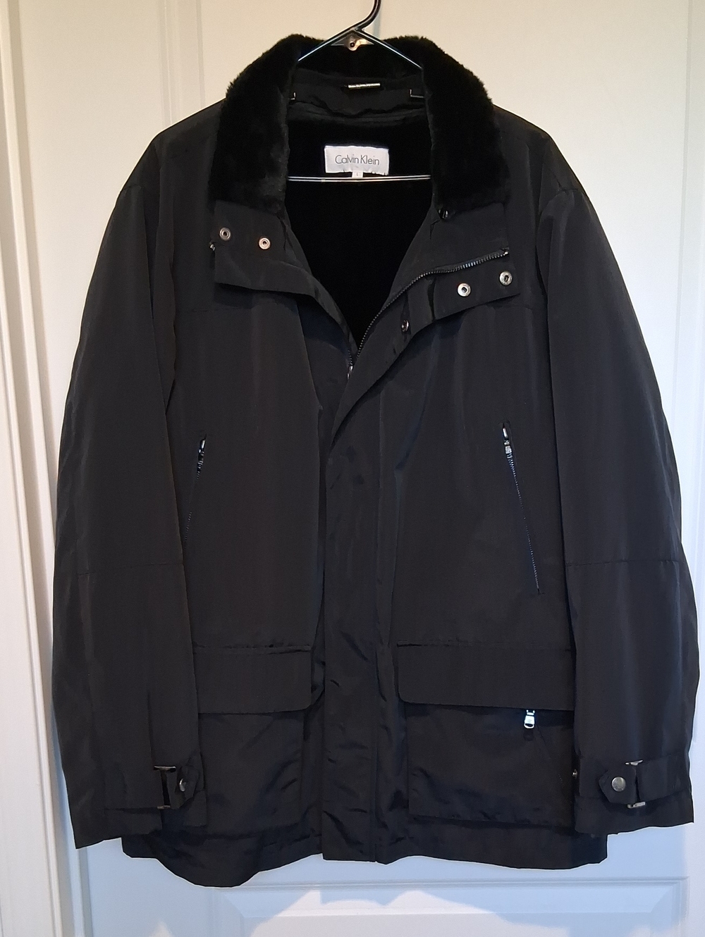 Calvin Klein Men's Black Performance Jacket with Faux Fur Collar